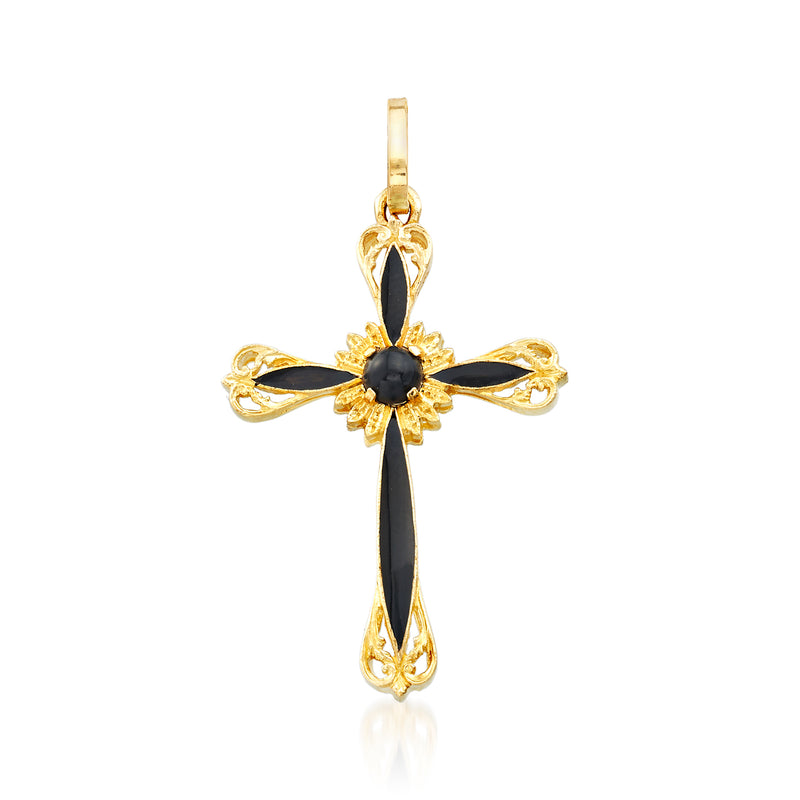 14kt yellow gold cross pendant with black enamel center and elongated black stone drop