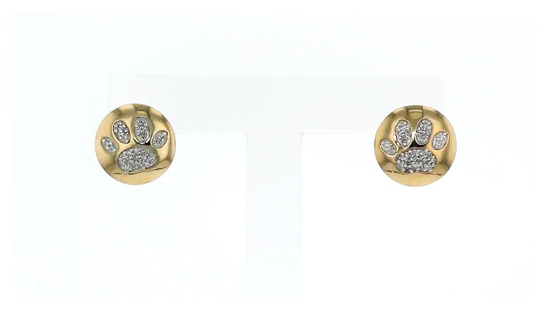 Small yellow gold paw print stud earrings with sparkle stones and post backs