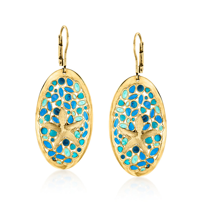 14kt yellow gold starfish drop earrings with teal-blue enamel mosaic, leverback