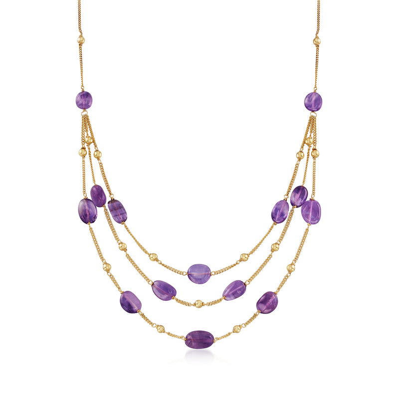 Amethyst bead station necklace with purple oval beads on gold-tone chain