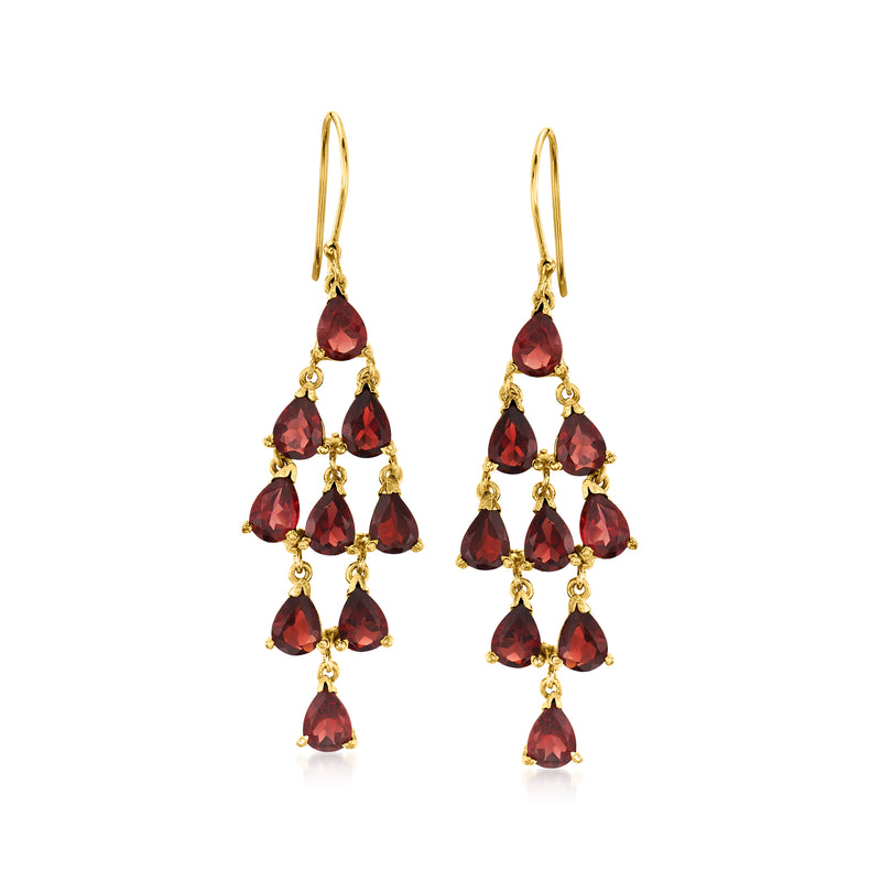 Garnet chandelier earrings with gold over sterling earwires and red pear stones