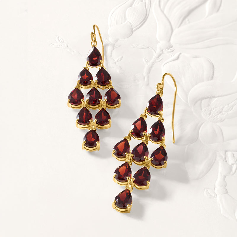 Garnet chandelier earrings, gold setting with red faceted drops and pear stones