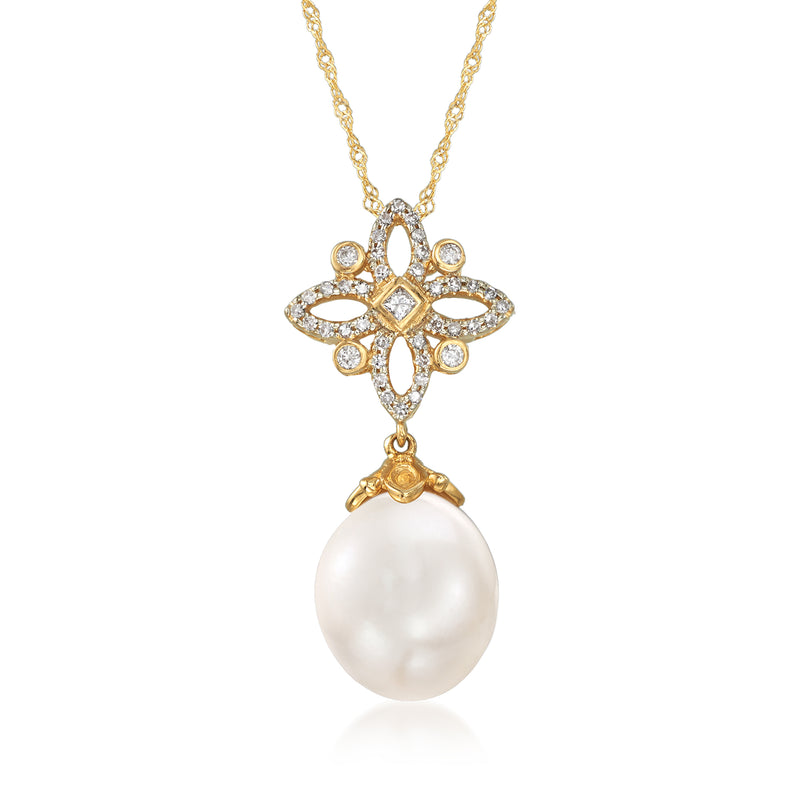 14kt yellow gold necklace with diamond floral top and large white cultured pearl drop