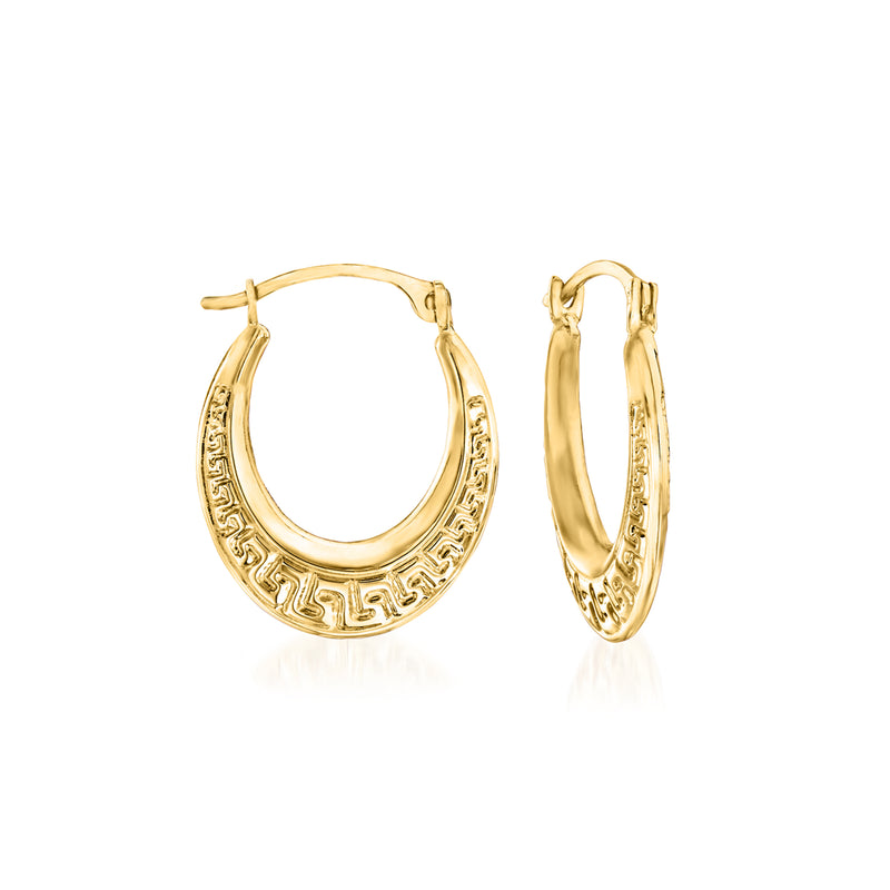 14kt yellow gold small Greek key hoop earrings, hinged clasp with patterned front