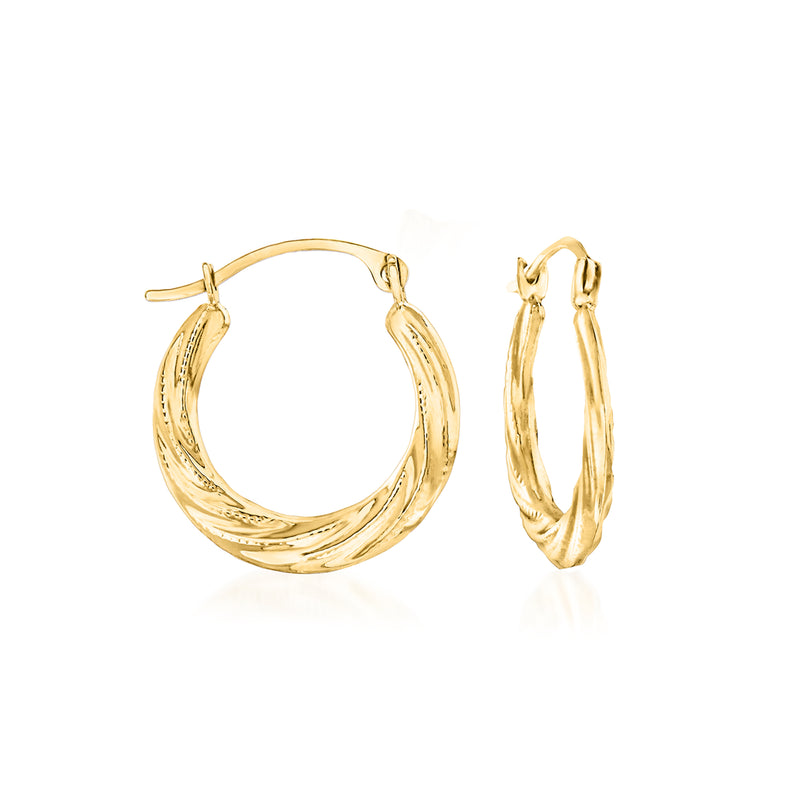 Small twisted hoop earrings, 14kt yellow gold, textured curved hoops