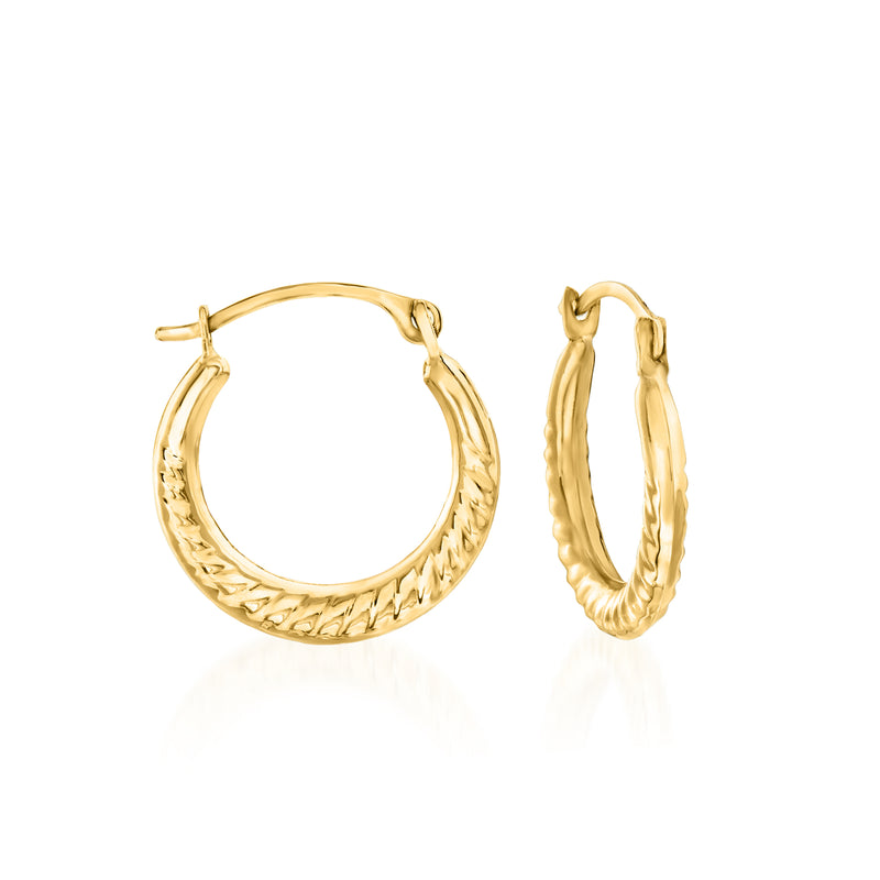 14kt yellow gold small roped hoop earrings with hinged back