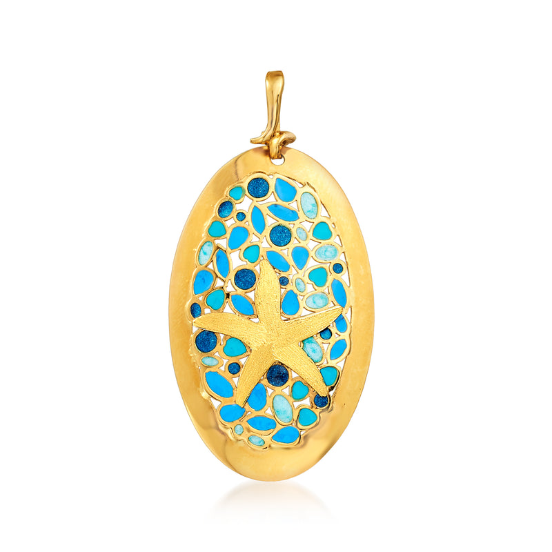 14kt yellow gold oval starfish pendant with blue enamel details