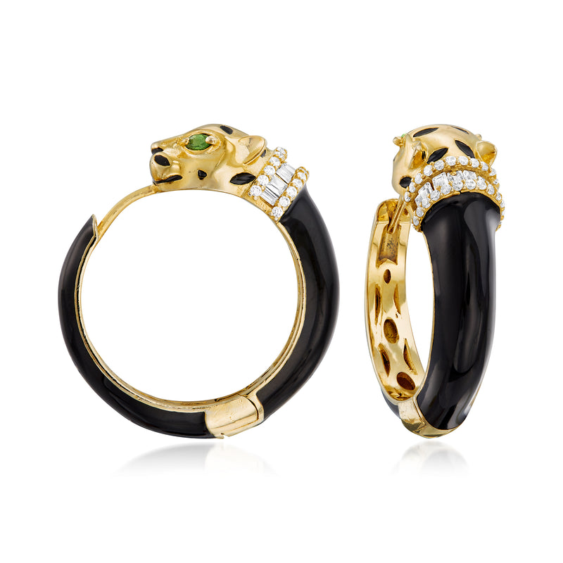 Gold hoop earrings with panther head, black enamel, and clear stone accents