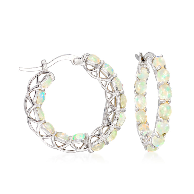 Sterling silver hoop earrings with opal-like multicolor stone insets