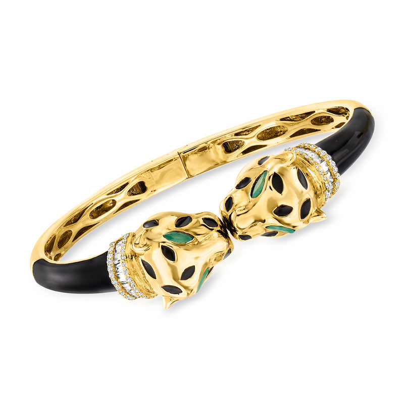 Panther bangle bracelet with gold finish, black enamel, green accents, and clear stones