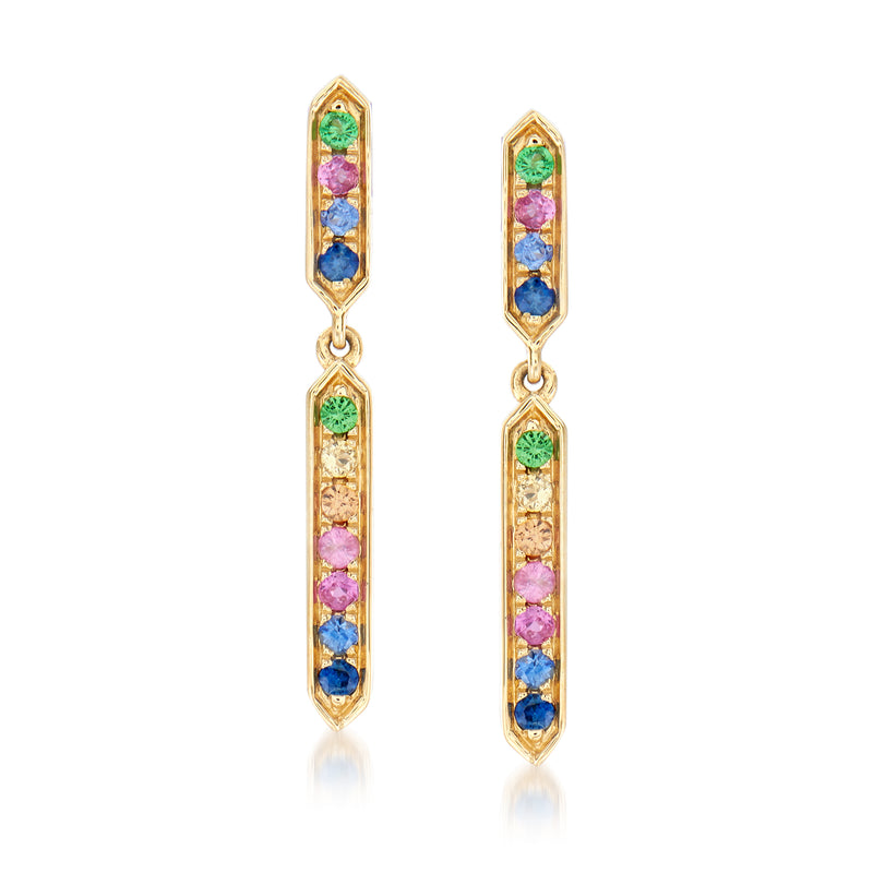14k yellow gold drop earrings with multicolored sapphire linear bars and hanging dangle