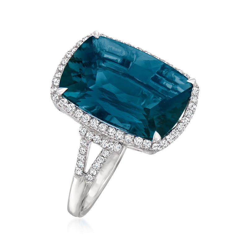 London blue topaz and diamond ring, cushion-cut blue center stone with diamond halo, white gold