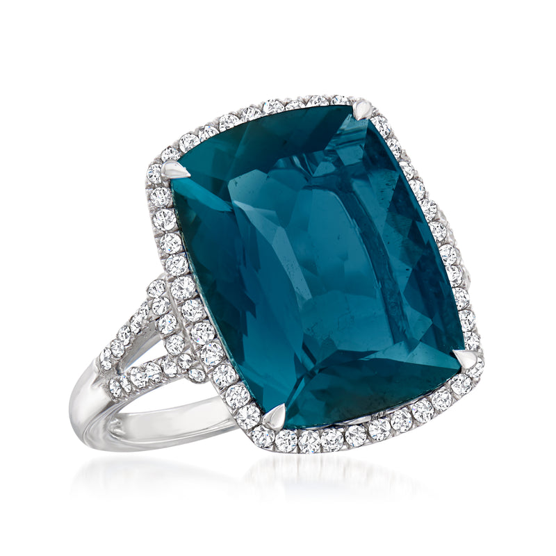 London blue topaz ring with diamond halo in 14kt white gold