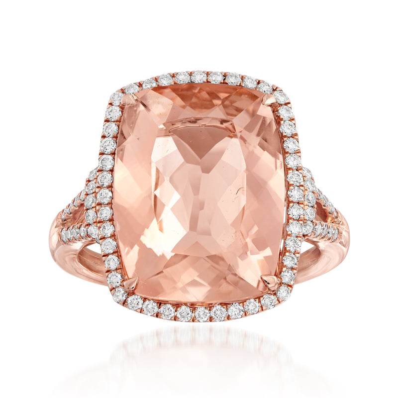 Morganite and diamond ring in 14kt rose gold with large cushion-cut center stone