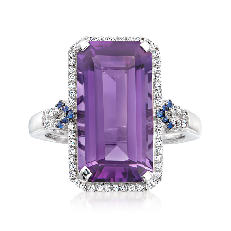 Amethyst and diamond ring with sapphire accents in 14kt white gold, emerald-cut center