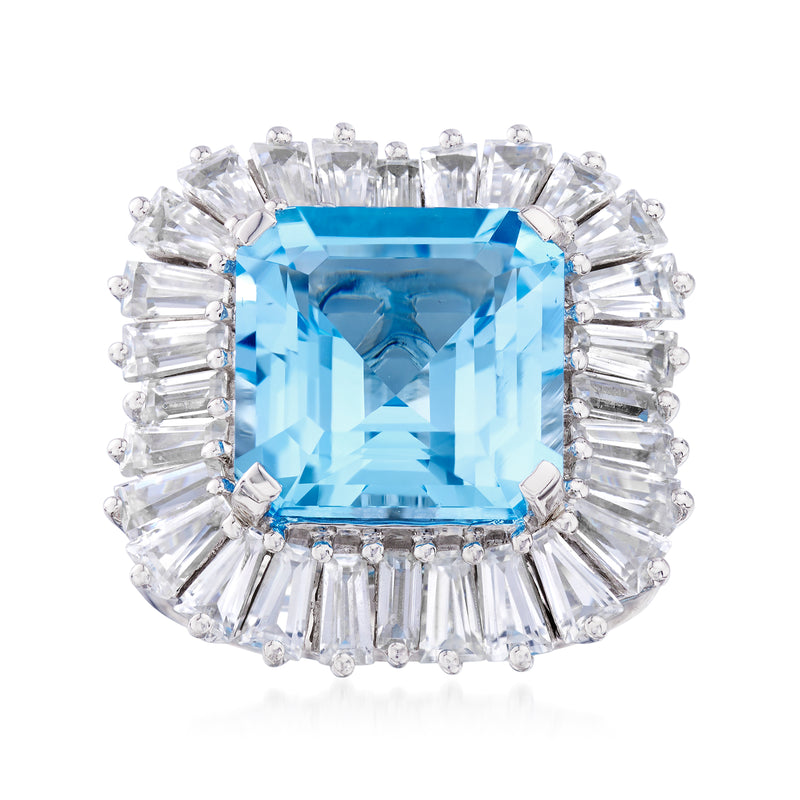 Sterling silver ring with large blue topaz center and white zircon halo