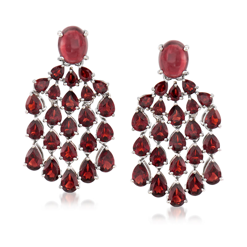 Sterling silver drop chandelier earrings with oval and teardrop red garnet stones