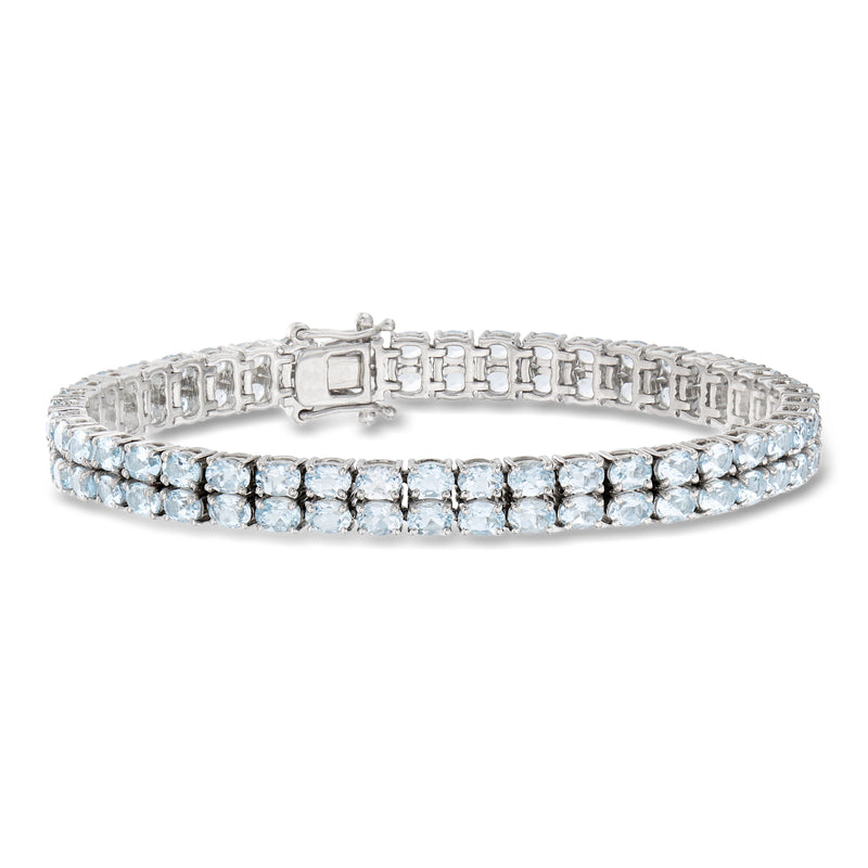 Sterling silver two-row tennis bracelet with round light blue aquamarine stones