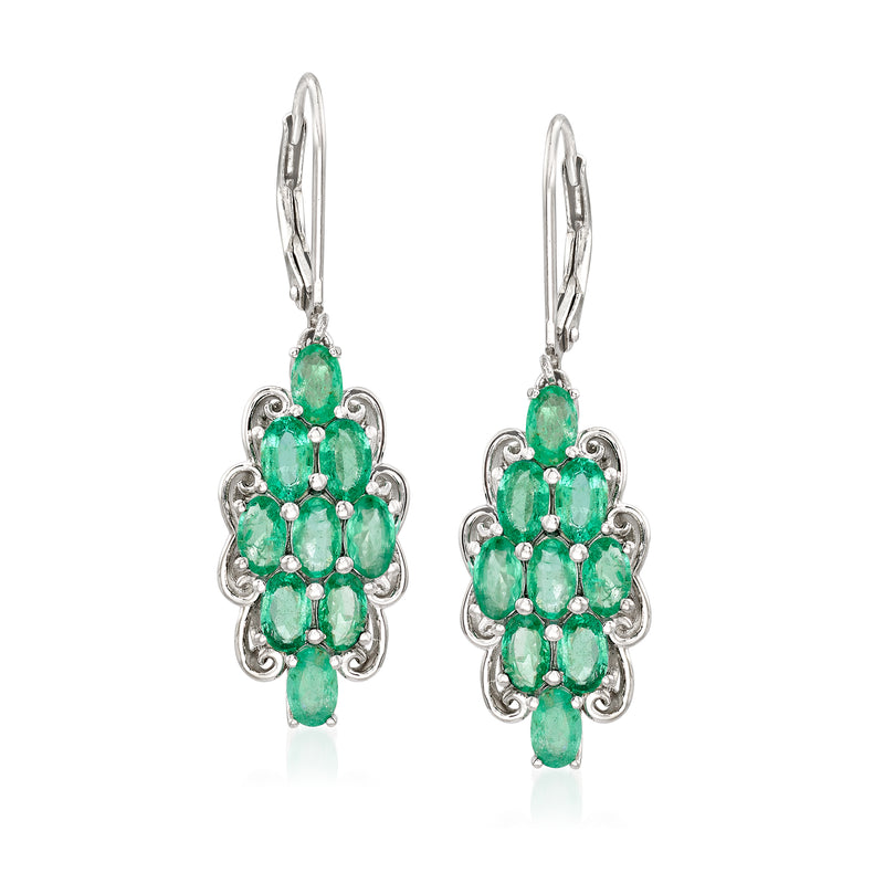 Sterling silver emerald green drop earrings with cluster stones and leverback closures