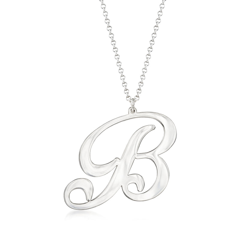Sterling silver oversized single-initial cursive pendant necklace, 'B' charm
