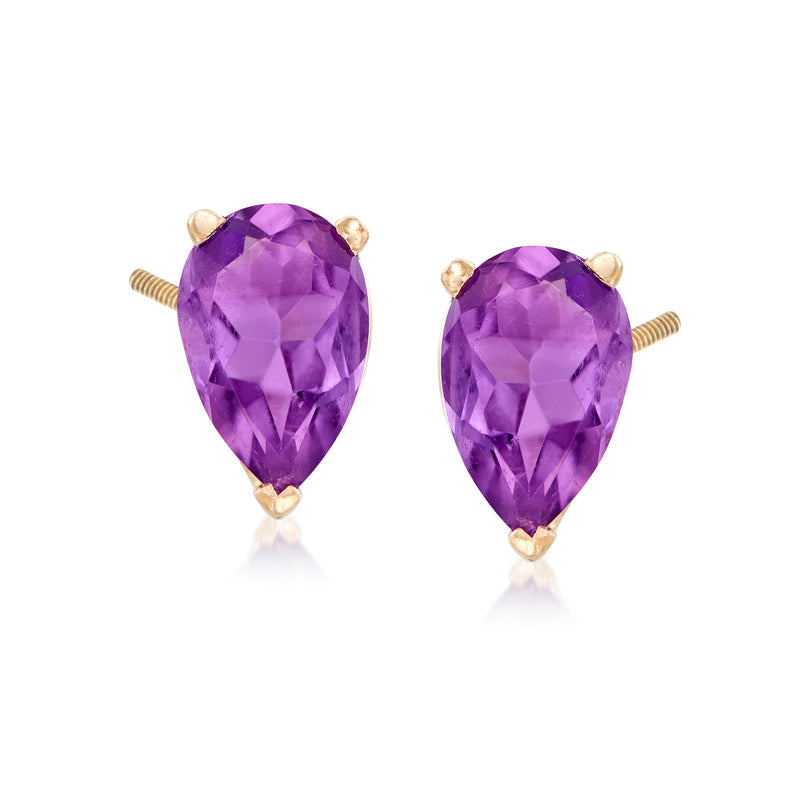 Teardrop amethyst stud earrings in 14kt yellow gold with faceted purple stone