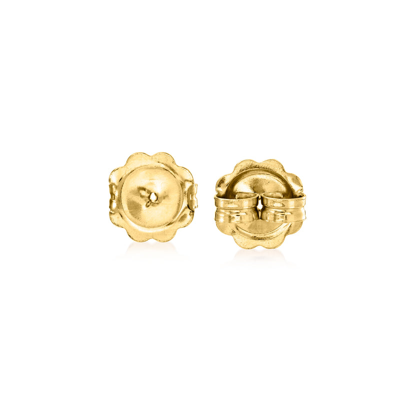 14kt yellow gold earring backings, round snap-clutch with pierced center and scalloped edge