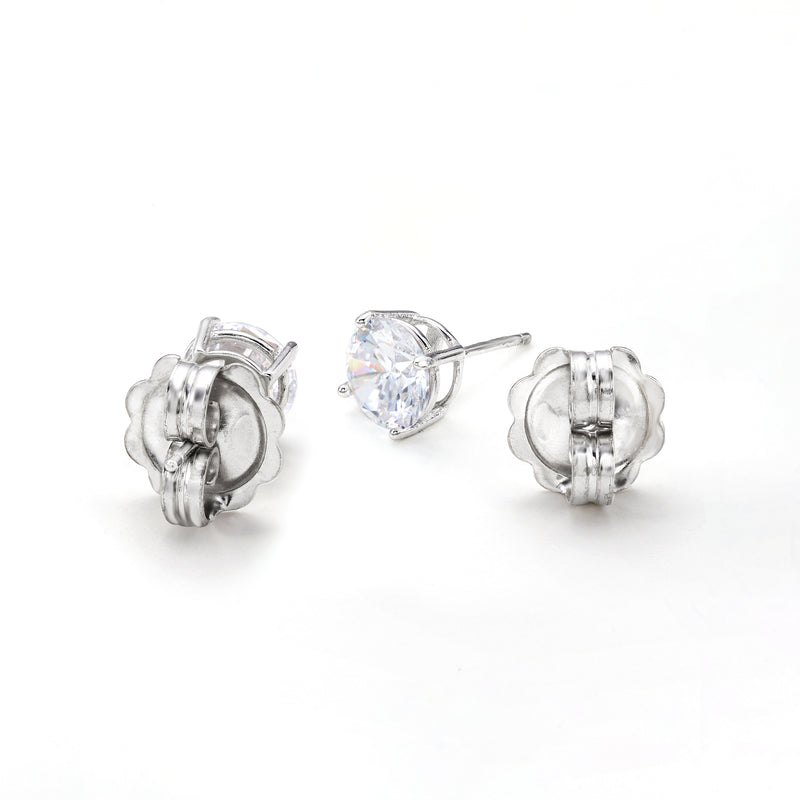 14kt white gold stud earring with clear round stone and locking push-back