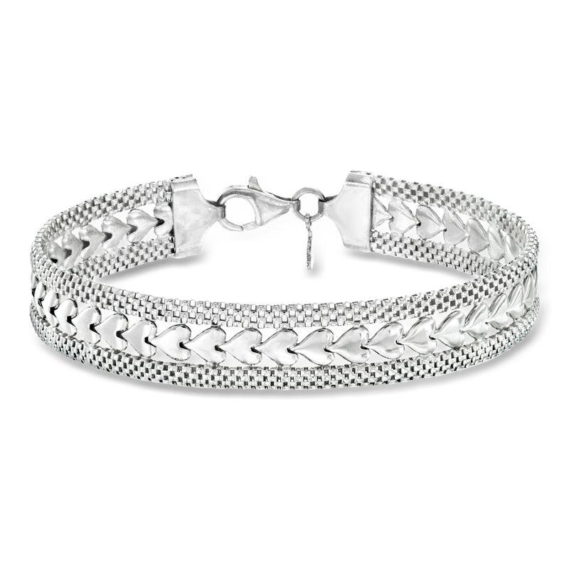 Italian sterling silver heart-motif chain bracelet with fold-over clasp