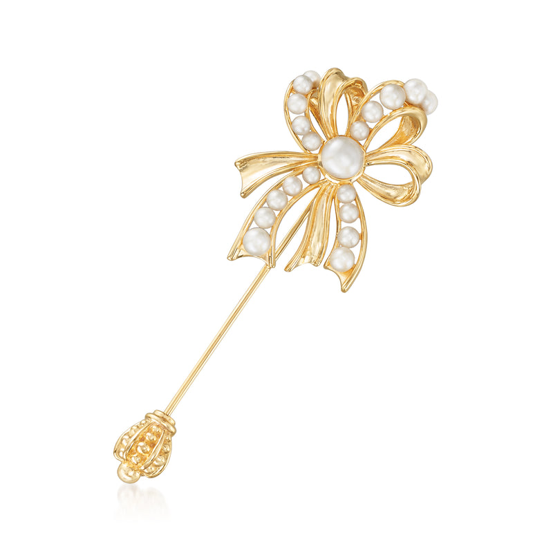 Gold bow stick pin with cultured pearls, floral design and long straight pin back.