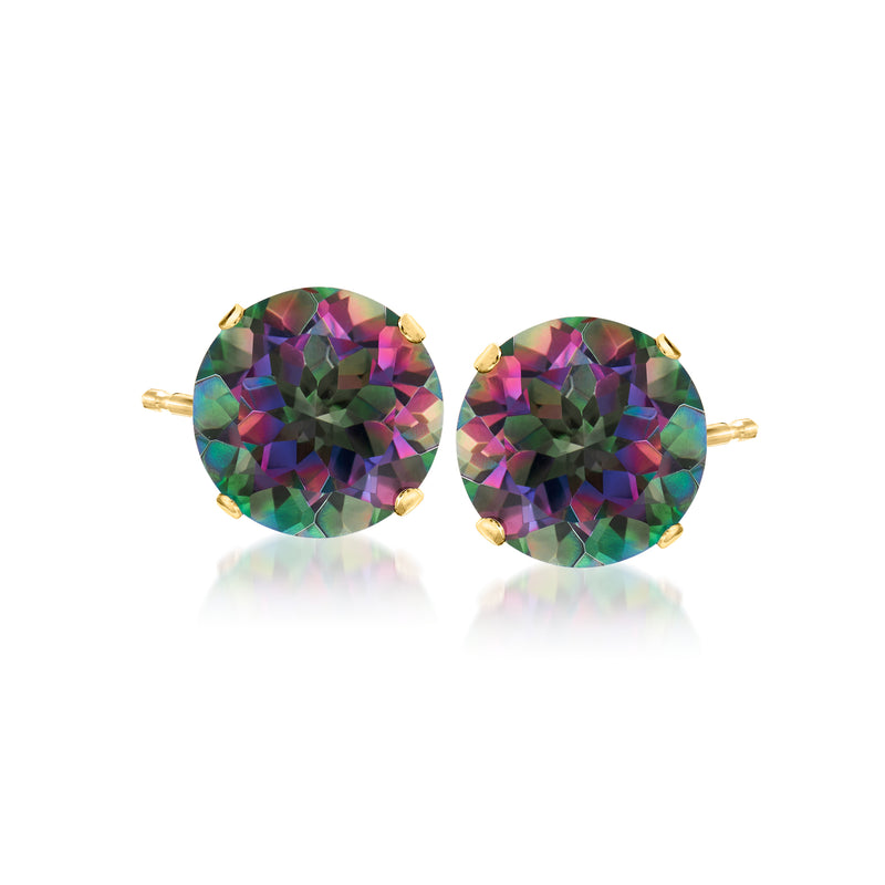 14kt yellow gold oval mystic topaz stud earrings with rainbow faceted gemstones, pair