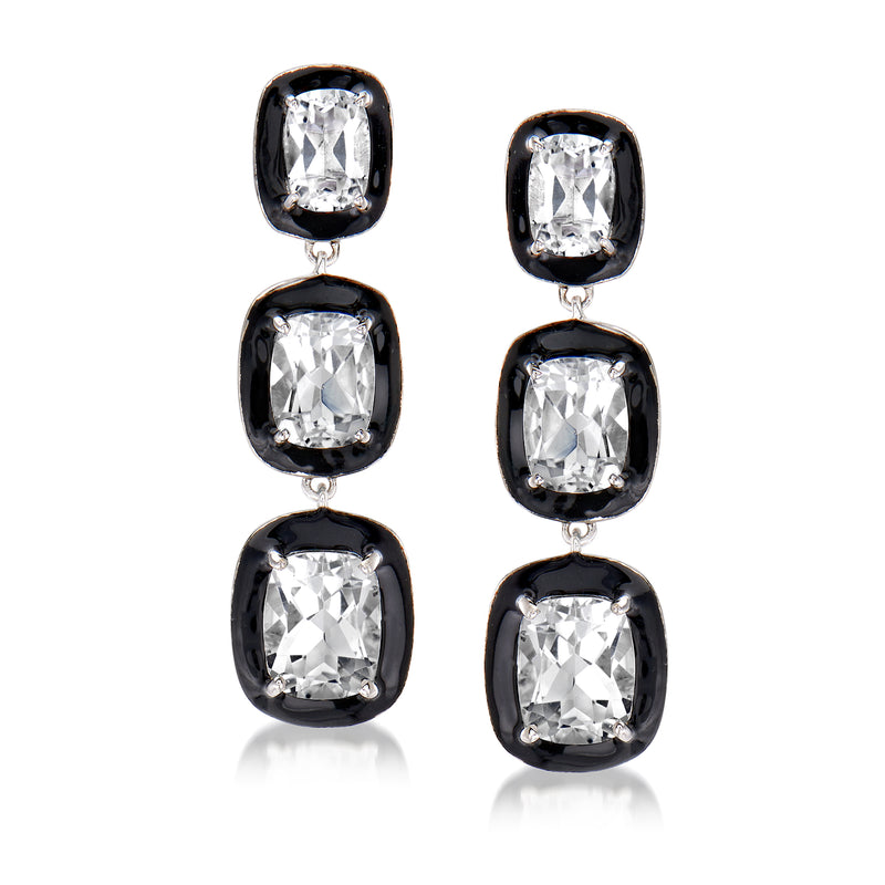 Sterling silver drop earrings with white topaz and black enamel, three stacked cushion stones