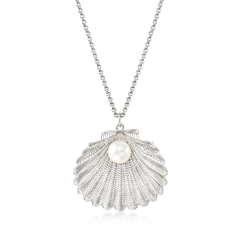 Sterling silver seashell pendant necklace with cultured pearl centerpiece, fine chain