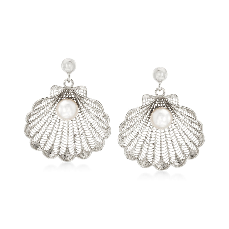 Sterling silver seashell drop earrings with cultured pearl centers