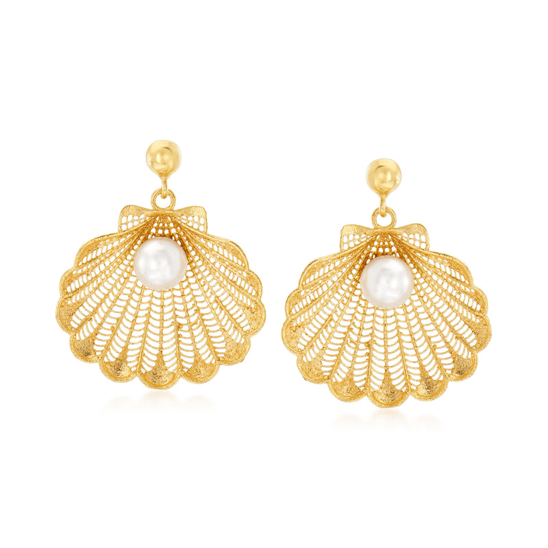 Gold seashell drop earrings with dangling round pearl-like center