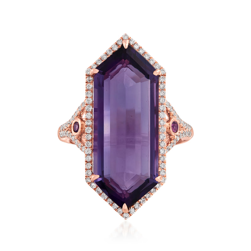 14kt rose gold ring with hexagon amethyst center, diamond halo, and rhodolite accents
