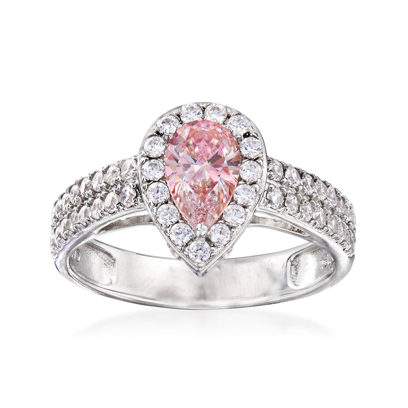 Swarovski sterling silver ring with pear pink center stone and pavé halo