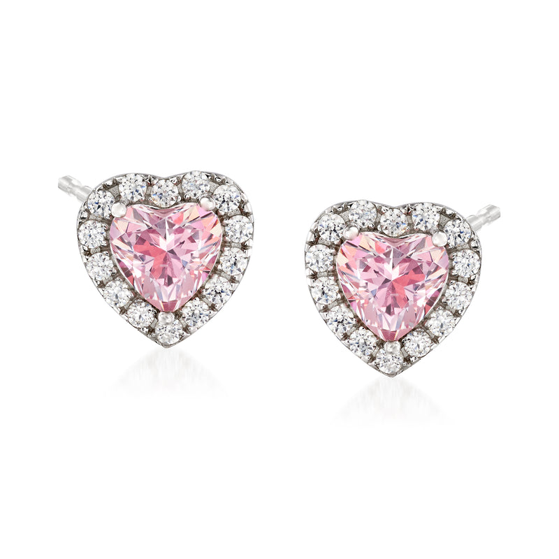 Sterling silver heart stud earrings with pink CZ center and clear stone halo