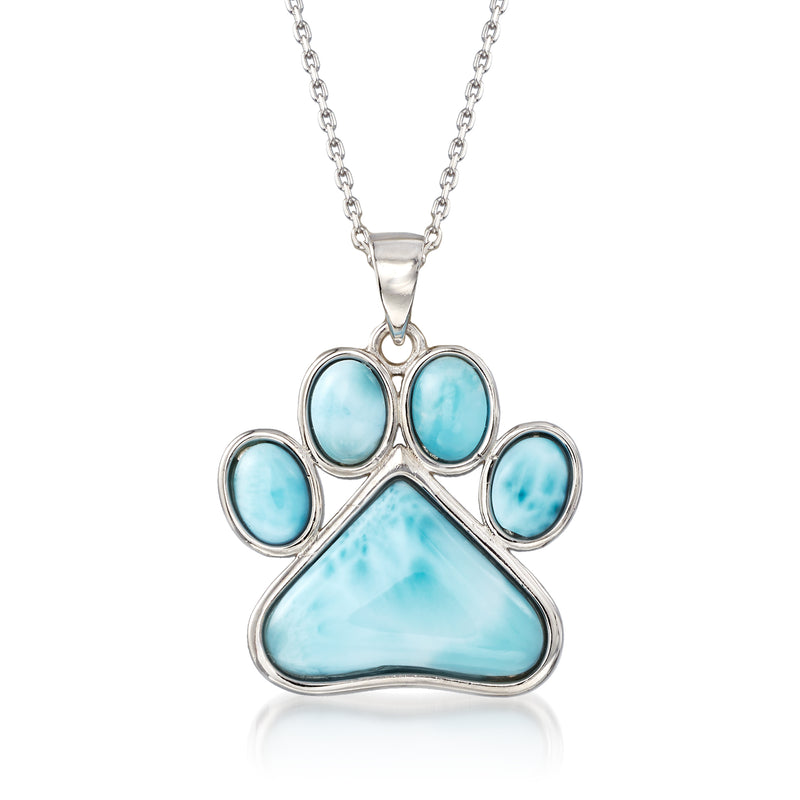 Sterling silver paw print pendant necklace with blue larimar-style stone
