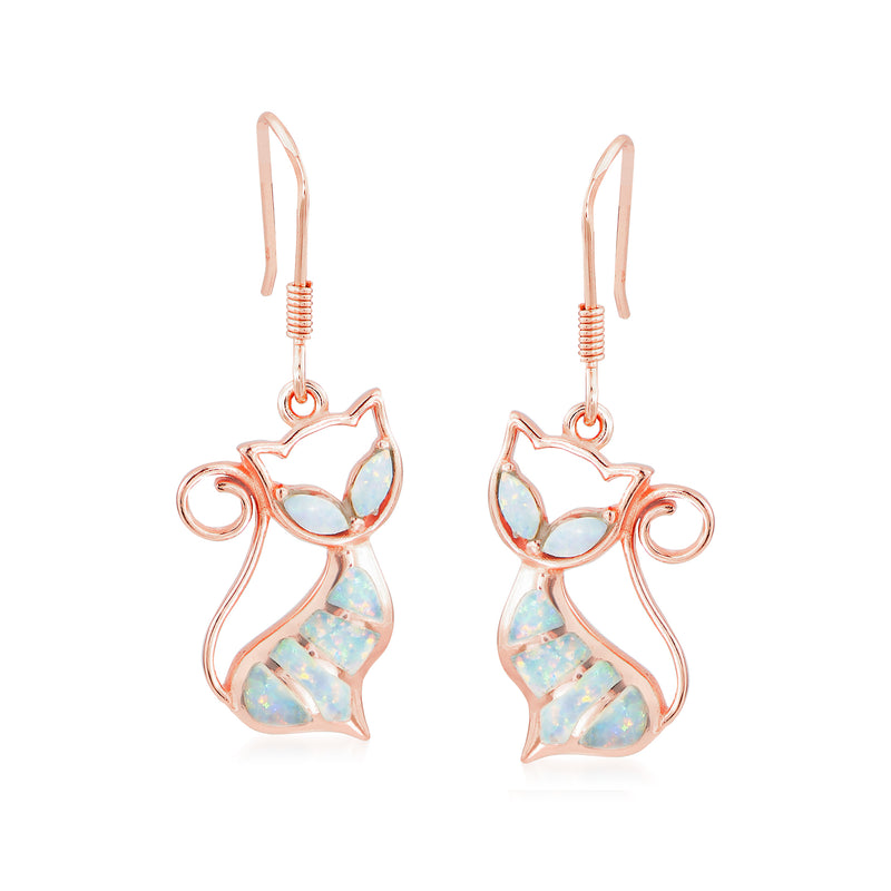 Rose gold cat wire drop earrings with opal-like stone accents