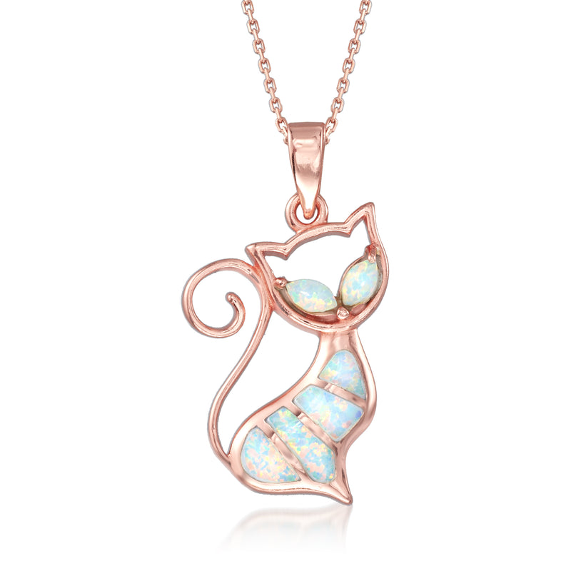 Rose gold cat pendant necklace with blue opal-style inlay, teardrop collar charm