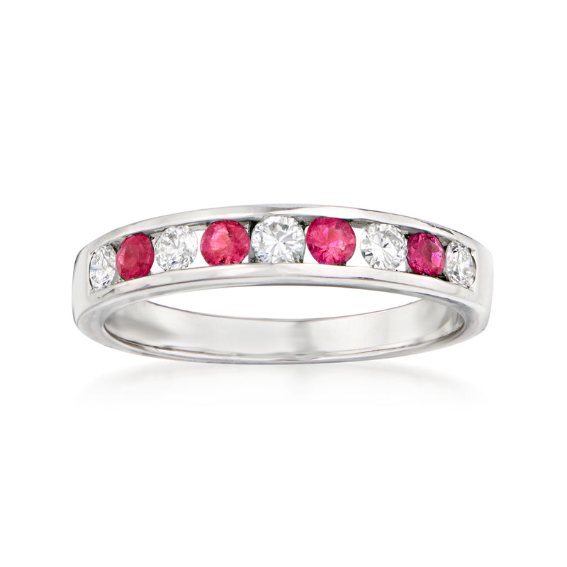 18kt white gold ring with pink ruby and clear diamond stones