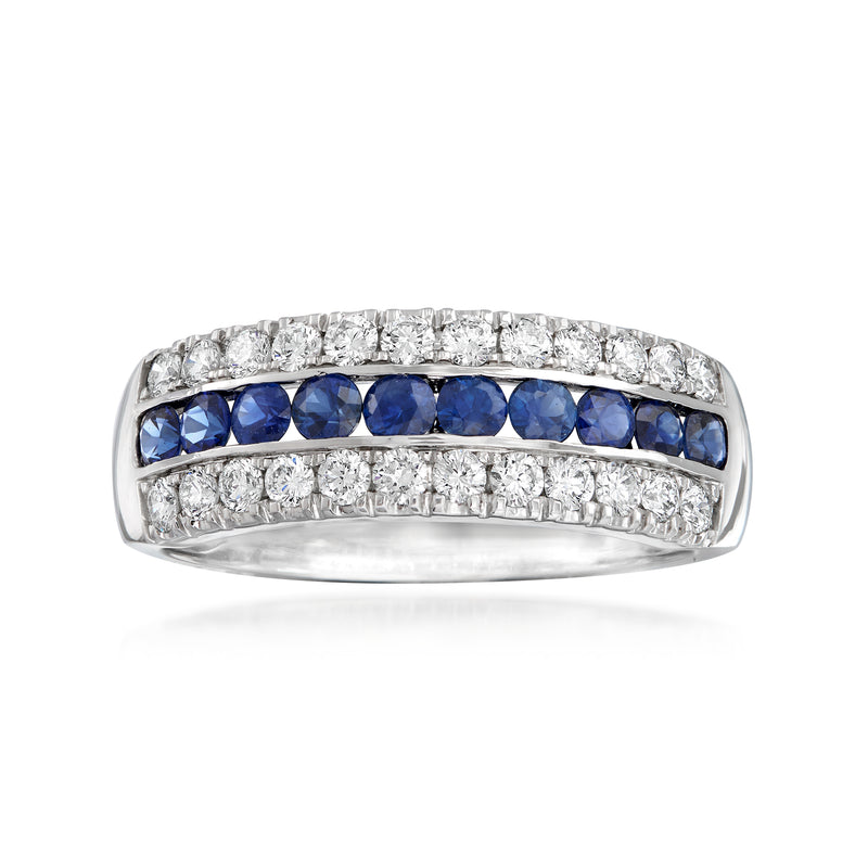 18kt white gold diamond and sapphire ring with three rows of stones