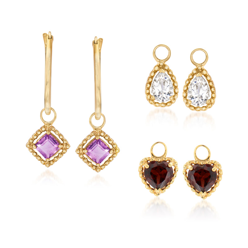 Gold-tone interchangeable charm hoop earrings with purple, clear, and red stones