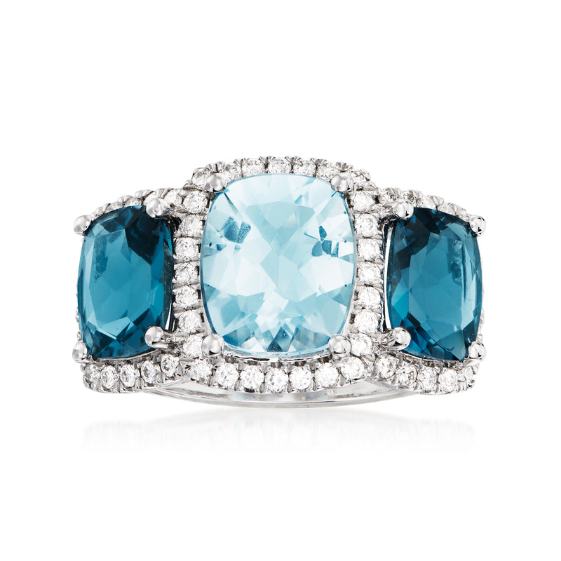 Aquamarine and blue topaz diamond ring with cushion center stone in 14kt white gold