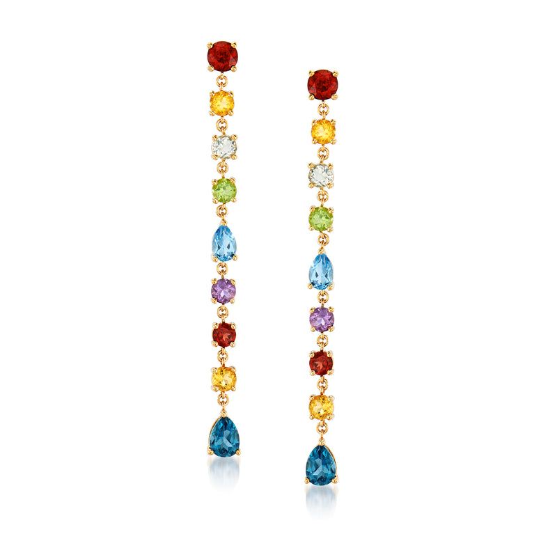 Gold drop earrings with linear row of red, yellow, green, blue, and purple gemstones