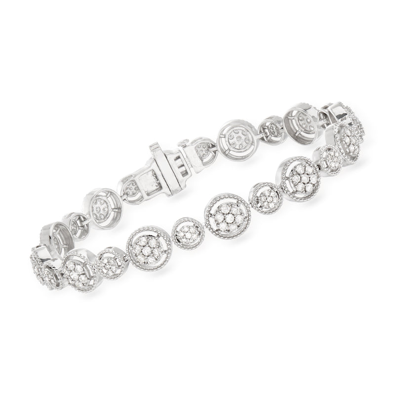Sterling silver diamond milgrain-frame bracelet with round bezel settings and hinged clasp