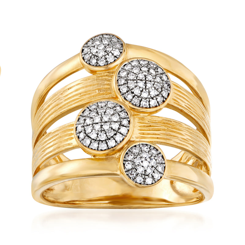 Gold over sterling diamond cluster multi-row ring with five round pave circles