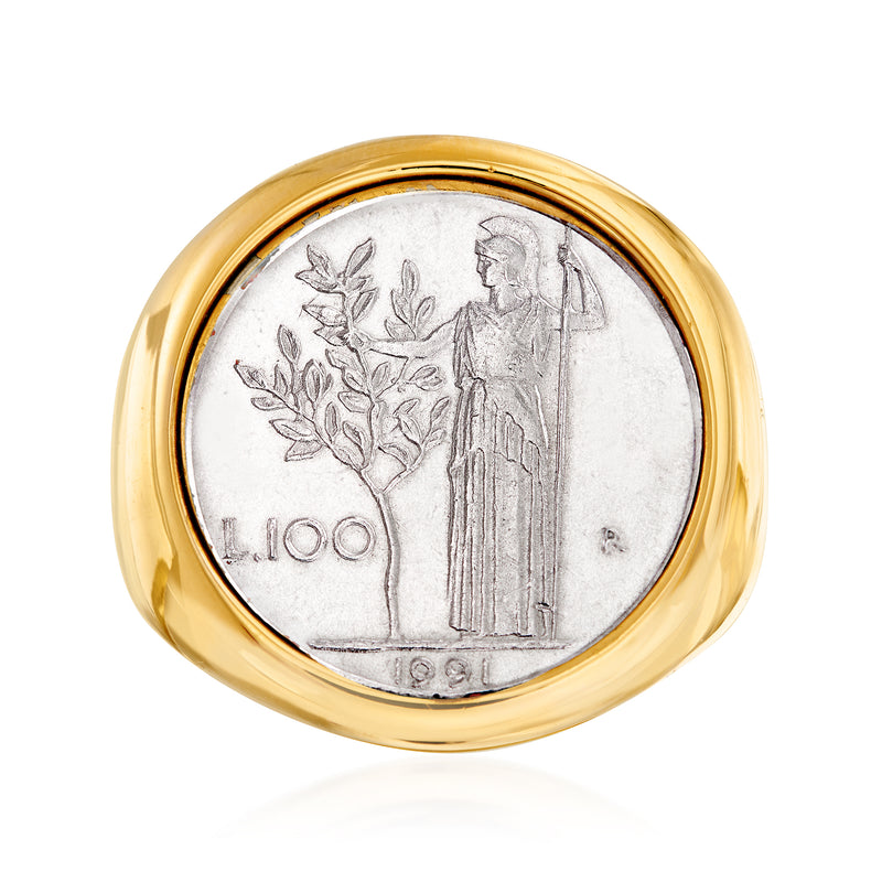 Yellow gold coin ring with engraved L.100 medallion and standing figure design