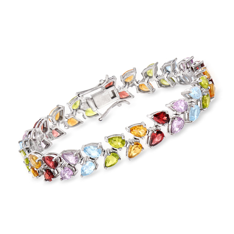Sterling silver leaf tennis bracelet with multicolor gemstones