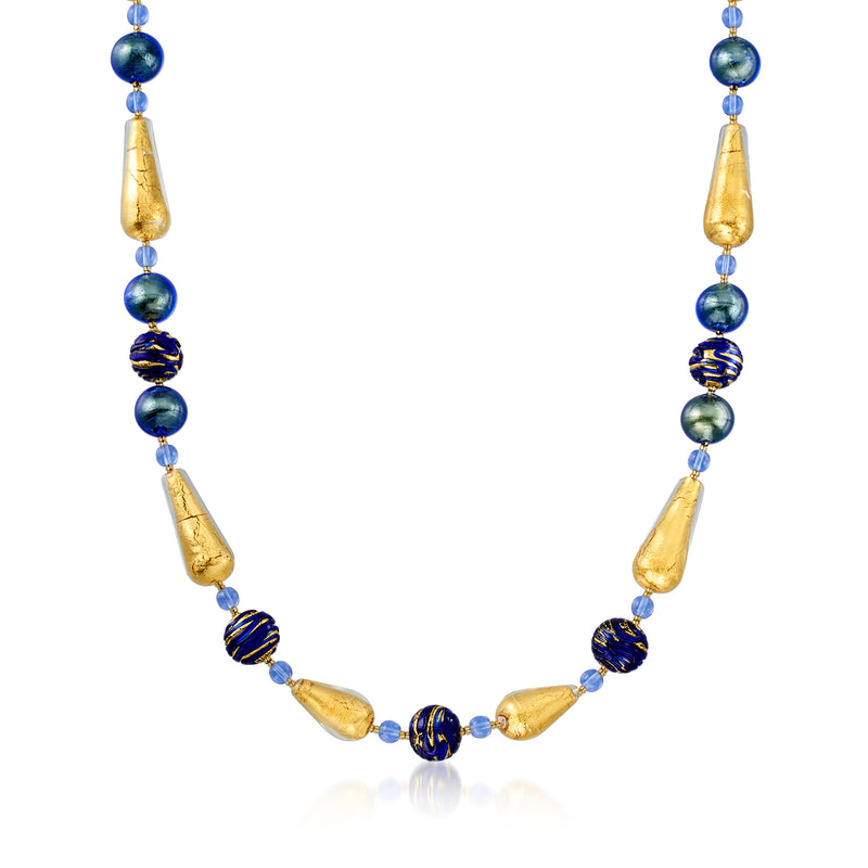 Multicolored Murano glass bead necklace with gold-toned spacers, blue and amber beads